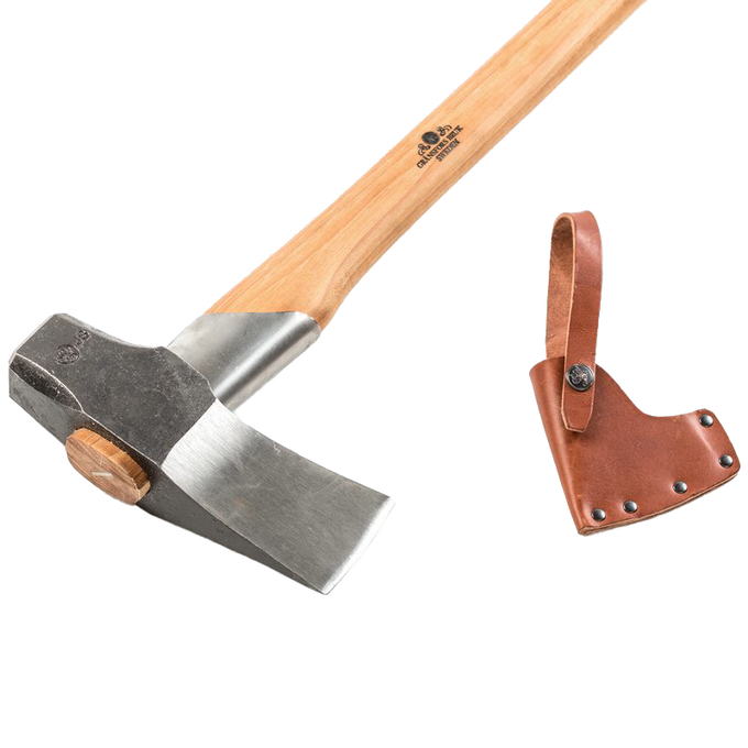 Hand-forged splitting maul with a polished steel head and wooden handle, accompanied by a brown leather sheath, featured in Farm, Garden & Tool, Knives & Axes, Axes, Wood Cutting and Hauling, Best Sellers, and Promo Eligible collections.