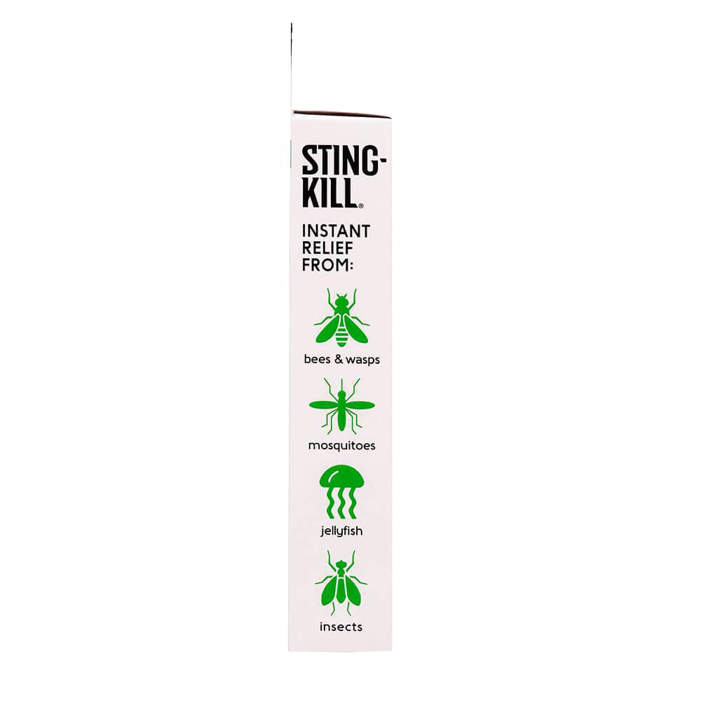 Side view of Sting Kill disposable swabs packaging showing instant relief for bites and stings from bees, wasps, mosquitoes, jellyfish, and other insects, highlighting USA Made health and wellness product.