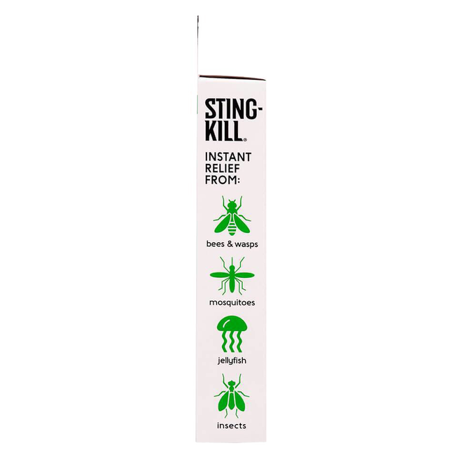 Side view of Sting Kill disposable swabs packaging showing instant relief for bites and stings from bees, wasps, mosquitoes, jellyfish, and other insects, highlighting USA Made health and wellness product.