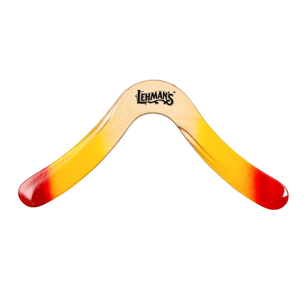 Handcrafted wooden boomerang with red and yellow tips, designed for right-handers, made in USA, featured in Toys, Books & Games, Lawn Games, USA Made, and Best Sellers collections.