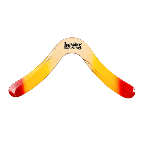 Handcrafted wooden boomerang with red and yellow tips, designed for right-handers, made in USA, featured in Toys, Books & Games, Lawn Games, USA Made, and Best Sellers collections.