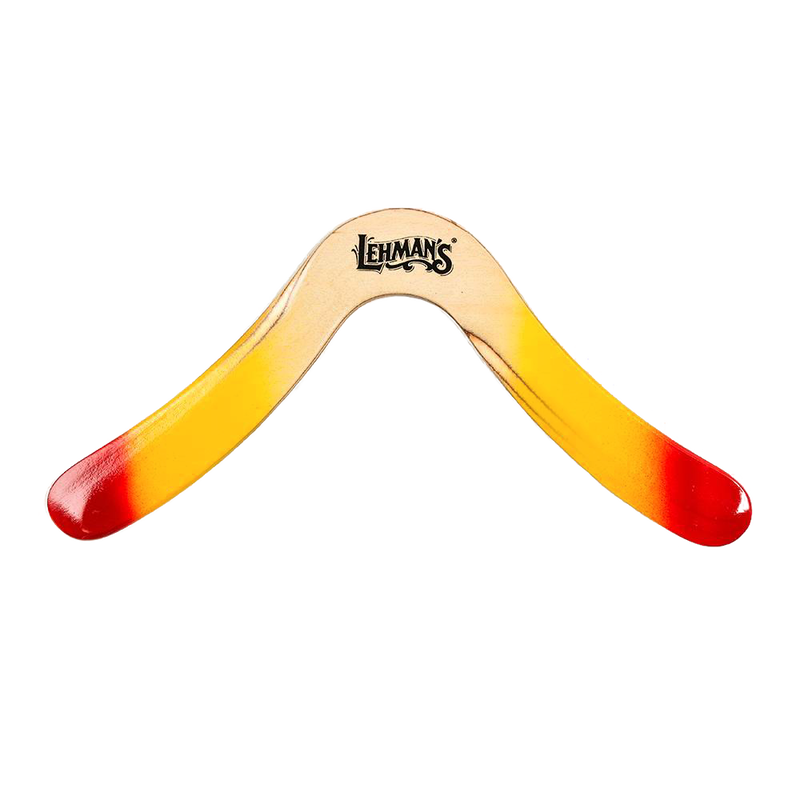 Handcrafted wooden boomerang with red and yellow tips, designed for right-handers, made in USA, featured in Toys, Books & Games, Lawn Games, USA Made, and Best Sellers collections.