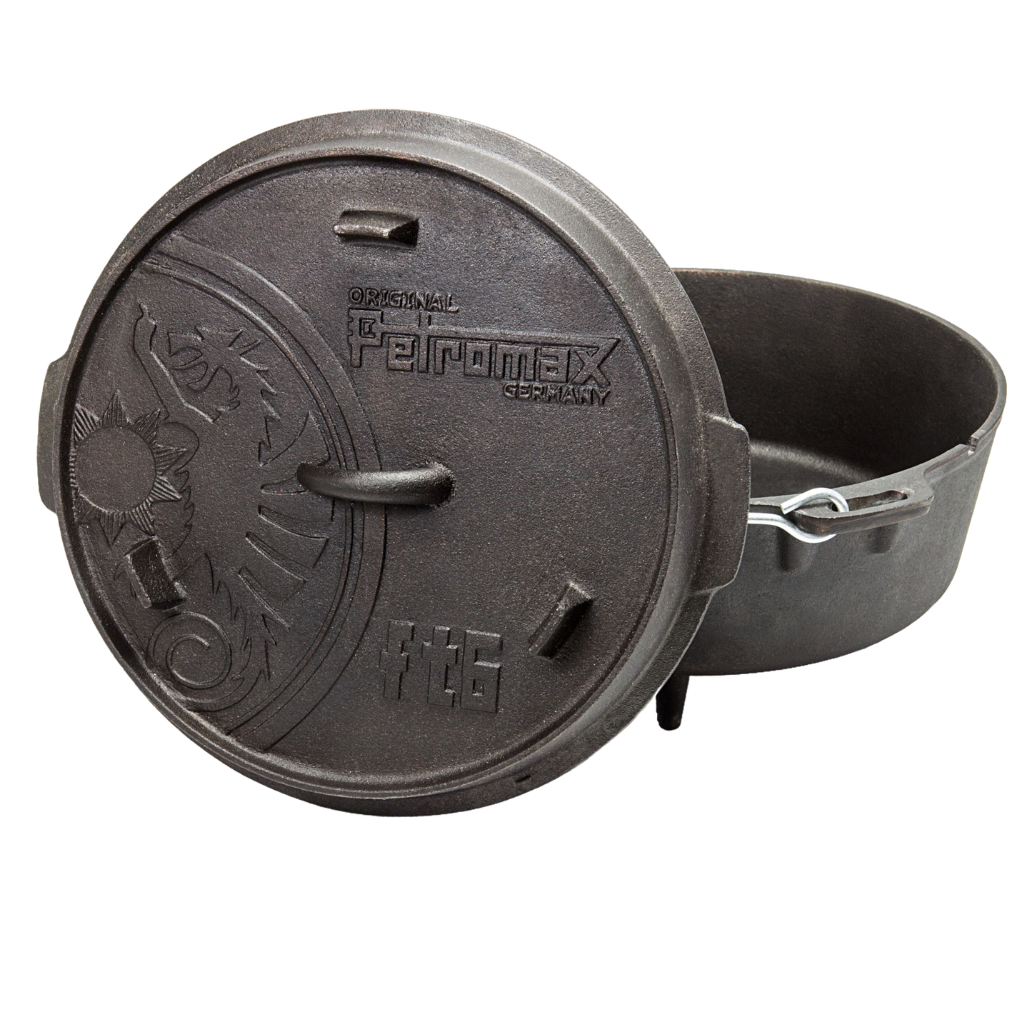 Open Petromax cast iron Dutch oven with three legs and an embossed lid featuring a decorative sun pattern and sturdy metal bail handle, ideal for Kitchen & Food, Cookware, Cast Iron, Best Sellers, and Promo Eligible collections.