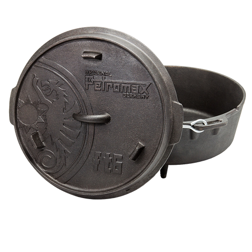 Open Petromax cast iron Dutch oven with three legs and an embossed lid featuring a decorative sun pattern and sturdy metal bail handle, ideal for Kitchen & Food, Cookware, Cast Iron, Best Sellers, and Promo Eligible collections.