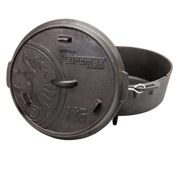 Open Petromax cast iron Dutch oven with three legs and an embossed lid featuring a decorative sun pattern and sturdy metal bail handle, ideal for Kitchen & Food, Cookware, Cast Iron, Best Sellers, and Promo Eligible collections.