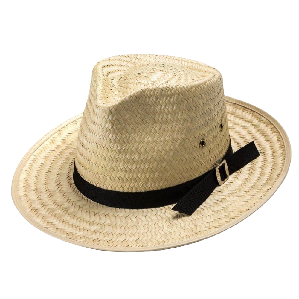 Handcrafted straw hat with a pinched front and 3-inch brim, featuring a black band and leather-like sweatband, Amish made in the USA, perfect for Health & Wellness and Clothing and Accessories collections.
