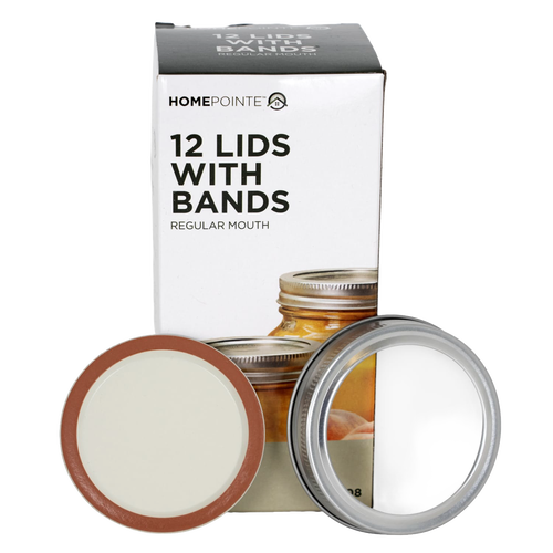 Box of 12 regular-mouth canning jar lids and matching bands with BPA-free sealing compound, displayed with a sealed glass jar, ideal for Kitchen & Food and Food Preservation collections including Canning and Best Sellers.