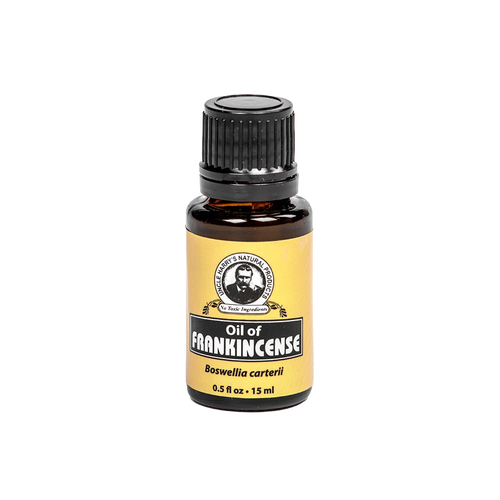 Amber glass bottle of pure frankincense essential oil with a black cap and yellow label, made in USA, ideal for health remedies, wellness, and aromatherapy use.