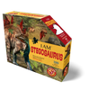 Colorful dinosaur-shaped jigsaw puzzle box featuring a Stegosaurus illustration, highlighting a 100-piece count and educational fun, ideal for children's toys and puzzles collections.