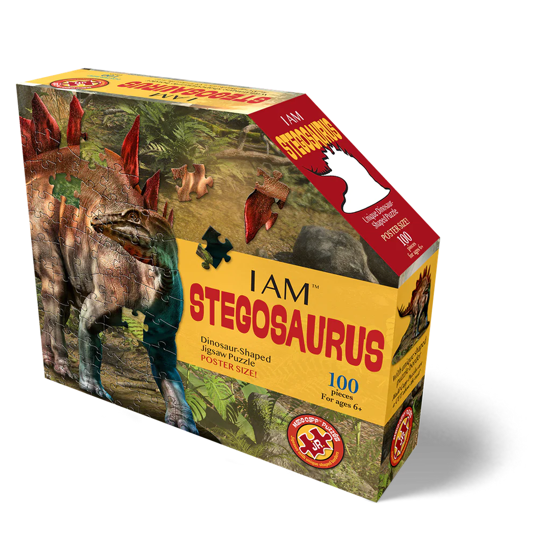 Colorful dinosaur-shaped jigsaw puzzle box featuring a Stegosaurus illustration, highlighting a 100-piece count and educational fun, ideal for children's toys and puzzles collections.