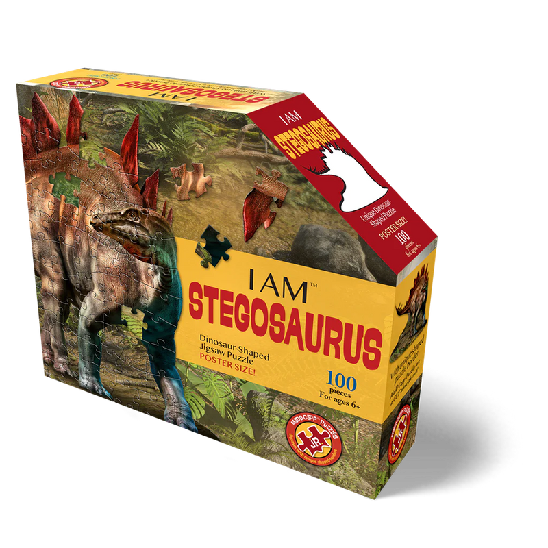 Colorful dinosaur-shaped jigsaw puzzle box featuring a Stegosaurus illustration, highlighting a 100-piece count and educational fun, ideal for children's toys and puzzles collections.