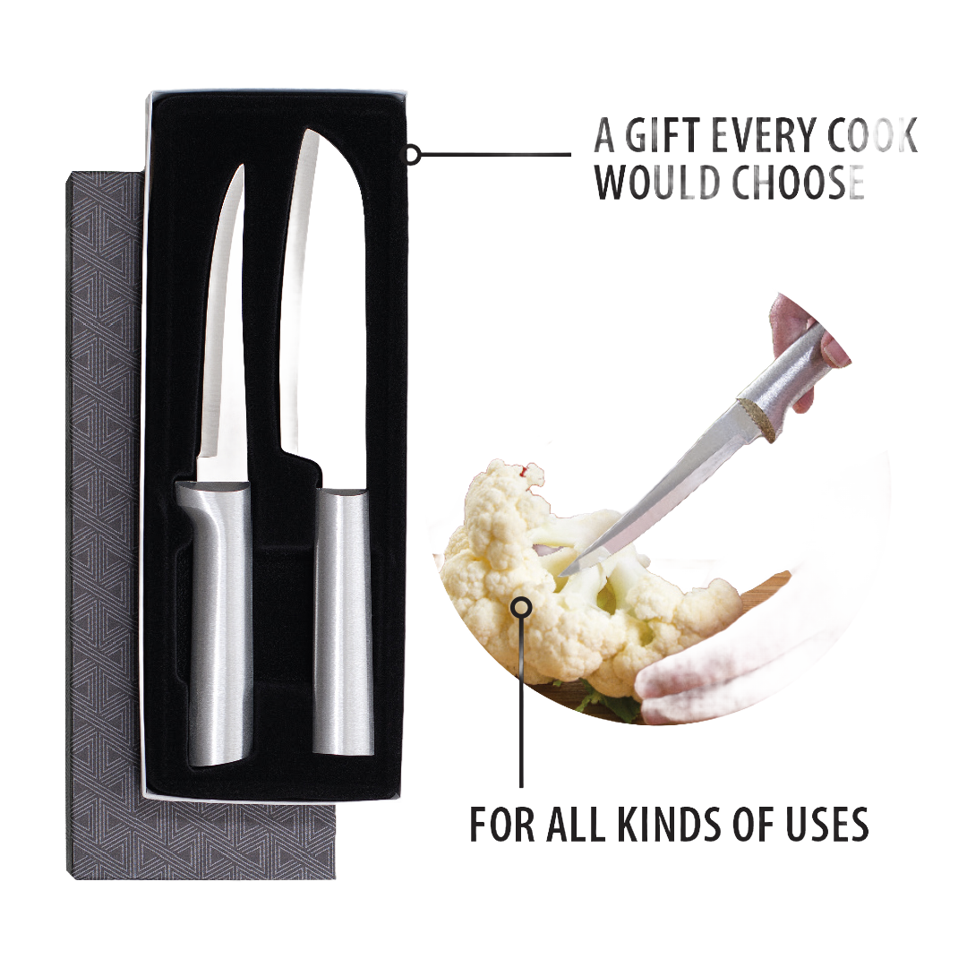 Two handcrafted stainless steel knives with hollow ground blades and sleek metal handles in a black foam gift box, shown alongside a knife coring a head of cauliflower, ideal for Farm, Garden & Tool and Kitchen & Food collections.