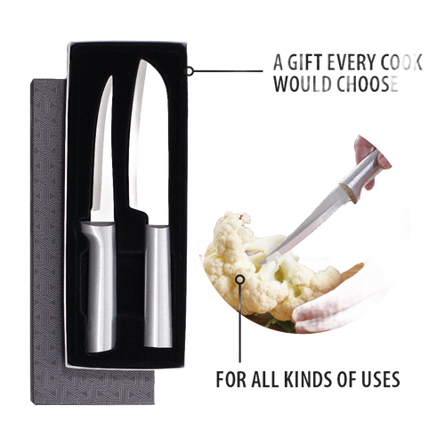 Two handcrafted stainless steel knives with hollow ground blades and sleek metal handles in a black foam gift box, shown alongside a knife coring a head of cauliflower, ideal for Farm, Garden & Tool and Kitchen & Food collections.