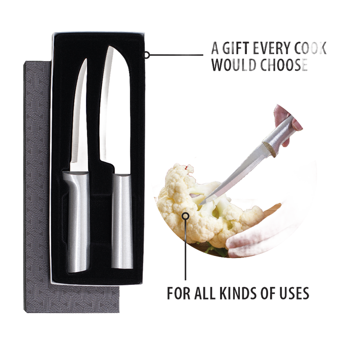 Two handcrafted stainless steel knives with hollow ground blades and sleek metal handles in a black foam gift box, shown alongside a knife coring a head of cauliflower, ideal for Farm, Garden & Tool and Kitchen & Food collections.