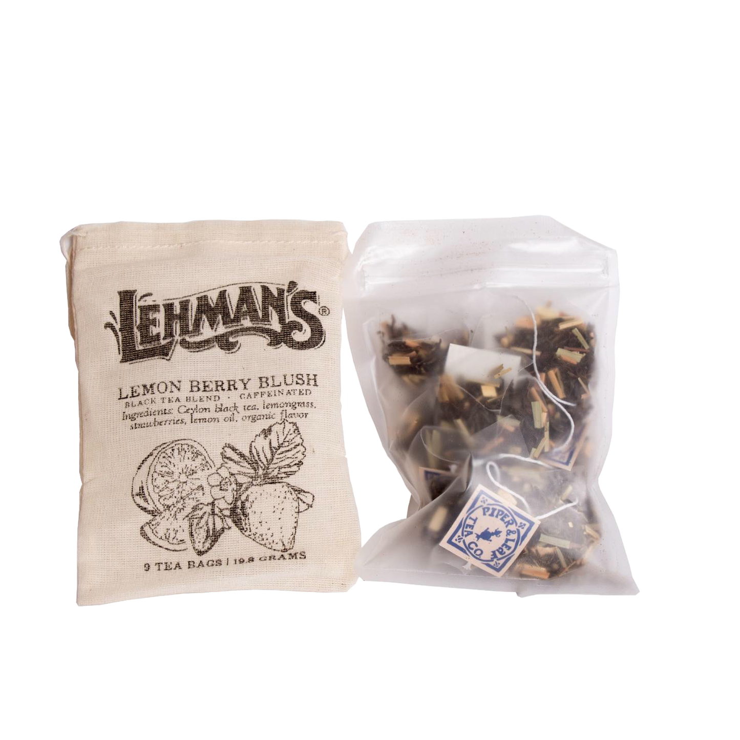 Cloth pouch featuring vintage-inspired print alongside a clear resealable bag containing handcrafted tea bags with lemon berry blend, exclusive, made in USA, ideal for Kitchen & Food, Brewing Coffee and Tea, Beverages, Best Sellers collections.