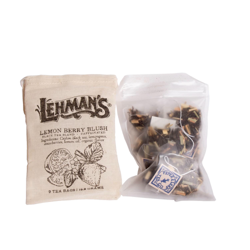 Cloth pouch featuring vintage-inspired print alongside a clear resealable bag containing handcrafted tea bags with lemon berry blend, exclusive, made in USA, ideal for Kitchen & Food, Brewing Coffee and Tea, Beverages, Best Sellers collections.
