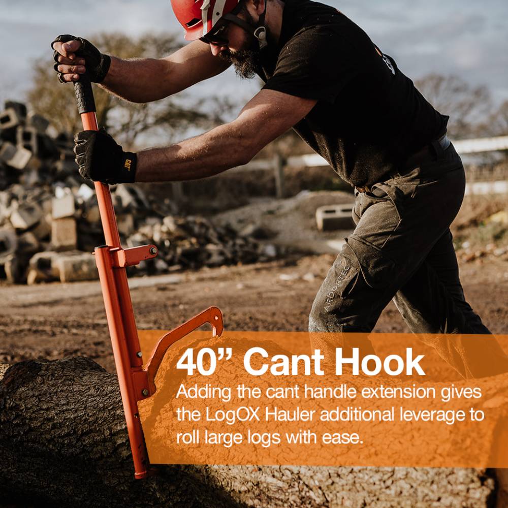 Man wearing safety helmet and gloves using a 40-inch orange cant hook extension to roll a large log outdoors, featured in Farm, Garden & Tool, Wood Cutting and Hauling, USA Made, Best Sellers, and Promo Eligible collections.