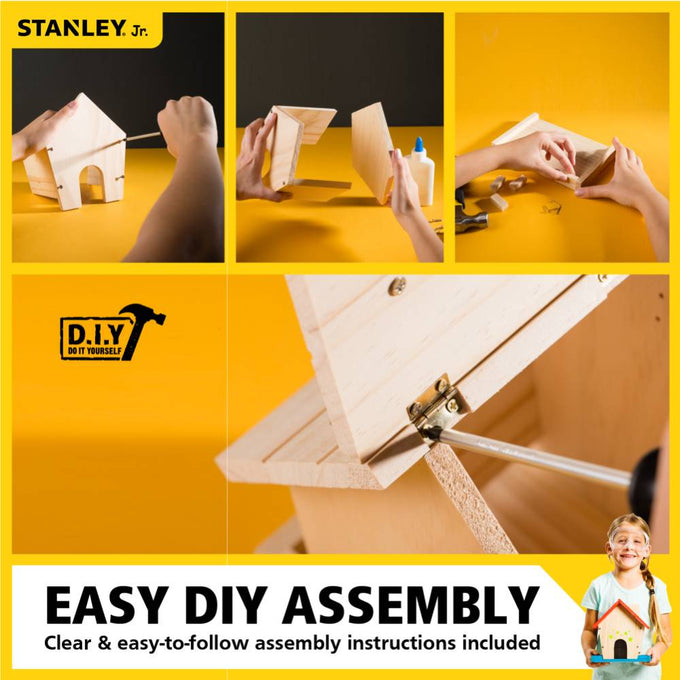 Hands assembling natural wooden parts of a DIY bird feeder kit with screws, nails, and glue, demonstrating step-by-step construction in a bright workspace, ideal for children's arts and crafts, toys, and animal care collections.