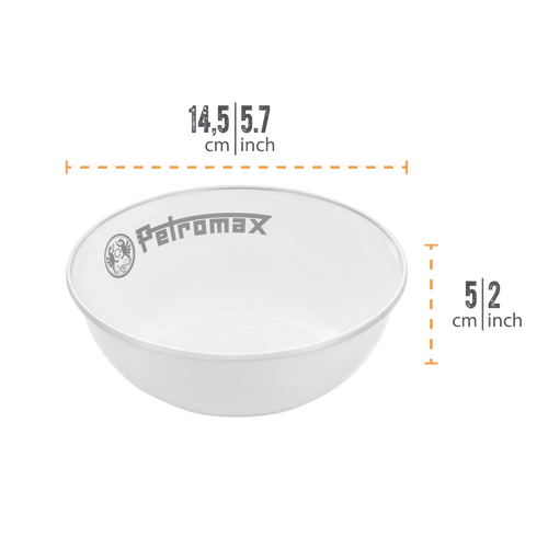 Lightweight white enamel bowl with heat- and scratch-resistant finish, featuring a logo, ideal for camping, kitchen, and outdoor use, part of Farm, Garden & Tool, Kitchen & Food, Camping, Dinnerware, Best Sellers, and Promo Eligible collections.