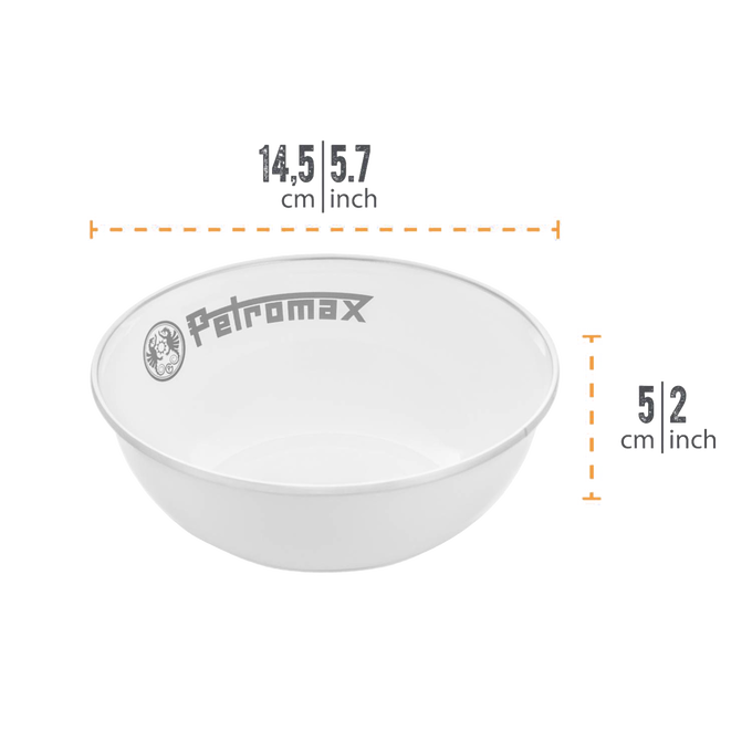 Lightweight white enamel bowl with heat- and scratch-resistant finish, featuring a logo, ideal for camping, kitchen, and outdoor use, part of Farm, Garden & Tool, Kitchen & Food, Camping, Dinnerware, Best Sellers, and Promo Eligible collections.