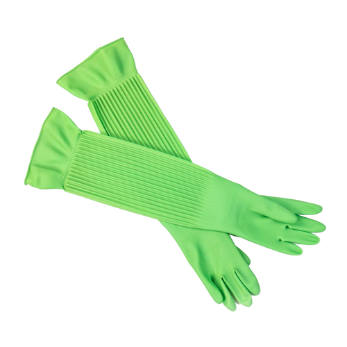 Pair of bright green arm-length cleaning gloves made of thick, durable latex, designed for household cleaning, gardening, and protection from chemicals, ideal for Home & Decor and Cleaning Utensils collections.