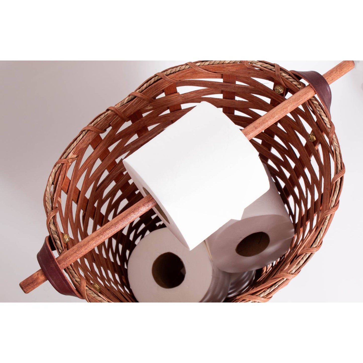 Handcrafted Amish made toilet paper holder basket woven from maple wood with a birch dowel rod, designed to hold four standard rolls, featured in Home & Decor and Household Helpers collections.