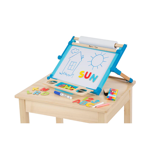 Handcrafted double-sided tabletop easel with magnetic dry-erase surface displaying a child’s drawing, colorful alphabet magnets, chalk, marker, and paper roll, perfect for children's arts and crafts in Toys, Books & Games and Promo Eligible collections.