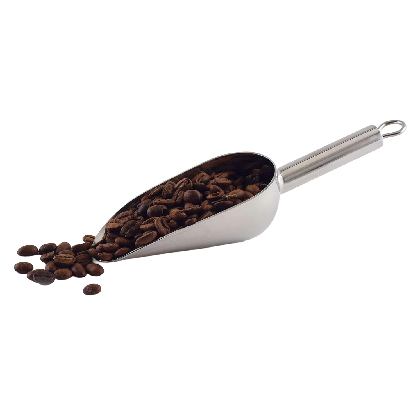 Polished stainless steel scoop holding roasted coffee beans with a solid handle and hanging loop, ideal for Kitchen & Food, Baking Supplies, Cookware, and Best Sellers collections.