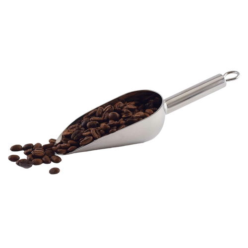 Polished stainless steel scoop holding roasted coffee beans with a solid handle and hanging loop, ideal for Kitchen & Food, Baking Supplies, Cookware, and Best Sellers collections.