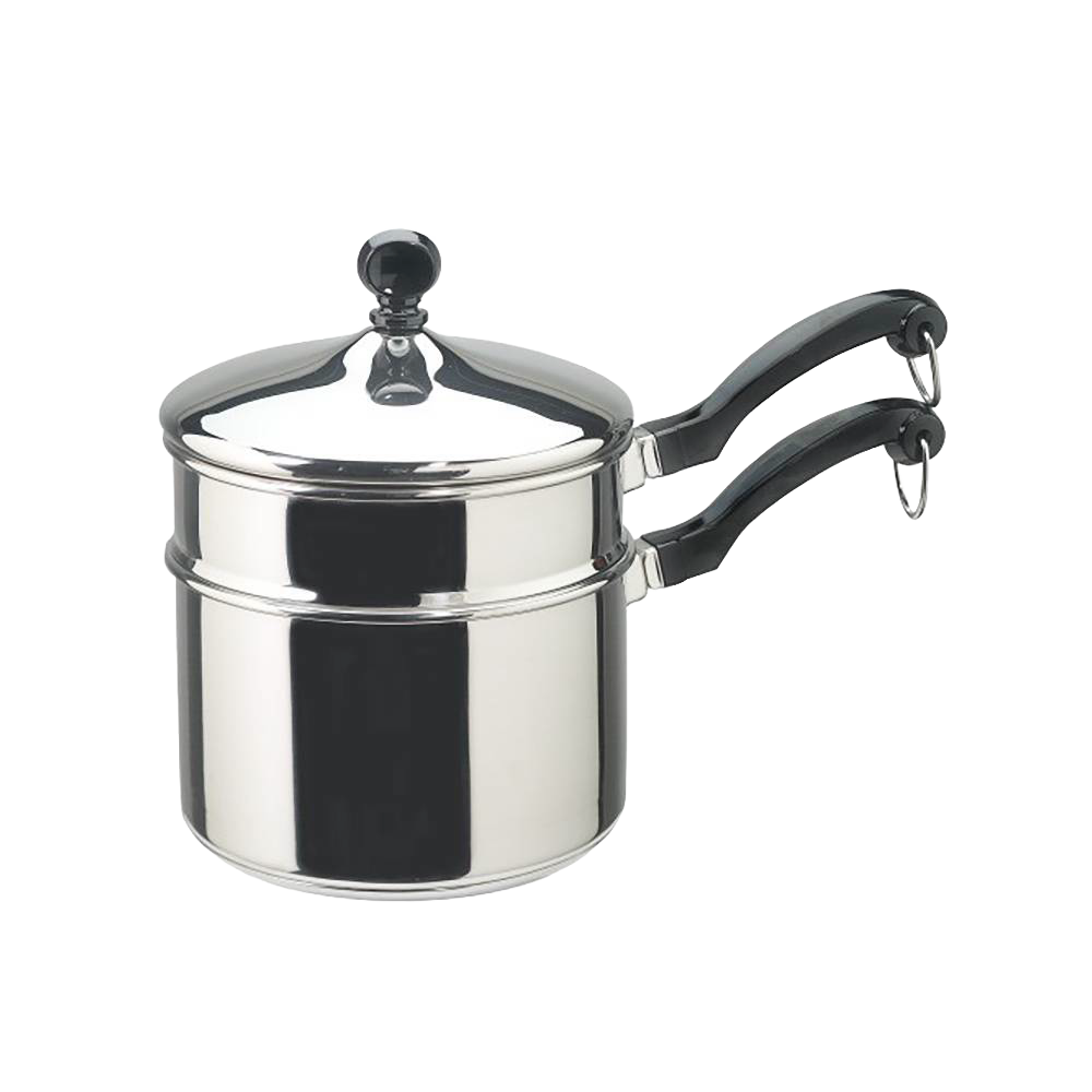 Farberware classic stainless steel covered saucepan with double boiler insert, black handles, suitable for Kitchen & Food, Cookware, Pots and Pans, Best Sellers, and Promo Eligible collections.