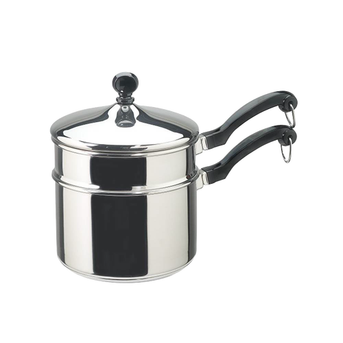 Farberware classic stainless steel covered saucepan with double boiler insert, black handles, suitable for Kitchen & Food, Cookware, Pots and Pans, Best Sellers, and Promo Eligible collections.