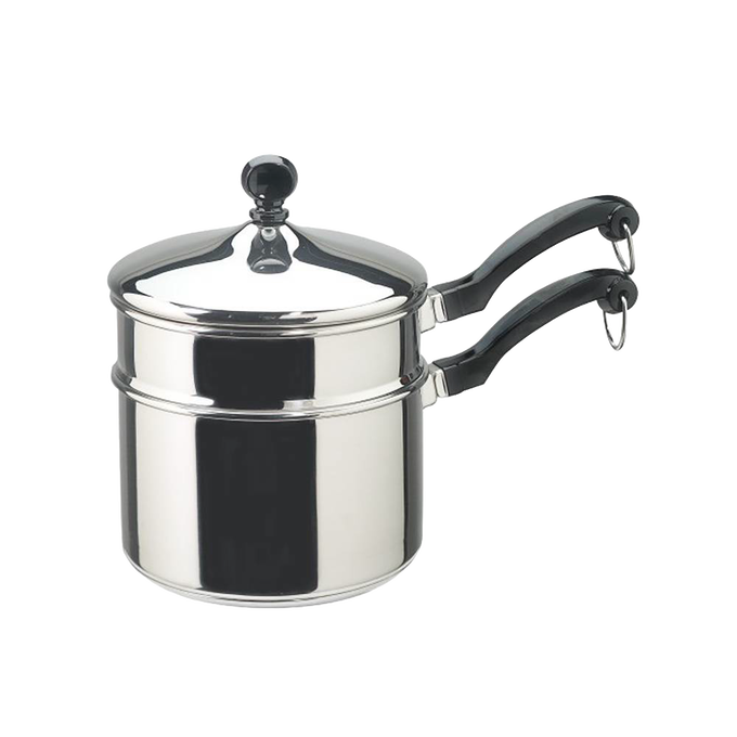 Farberware classic stainless steel covered saucepan with double boiler insert, black handles, suitable for Kitchen & Food, Cookware, Pots and Pans, Best Sellers, and Promo Eligible collections.
