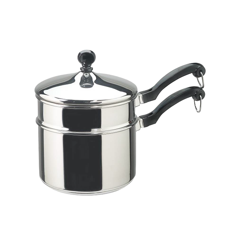 Farberware classic stainless steel covered saucepan with double boiler insert, black handles, suitable for Kitchen & Food, Cookware, Pots and Pans, Best Sellers, and Promo Eligible collections.