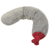 Soft grey fabric hot pack filled with ground black walnut shells, featuring a red knit end, handcrafted in the USA, ideal for natural health remedies and wellness use.