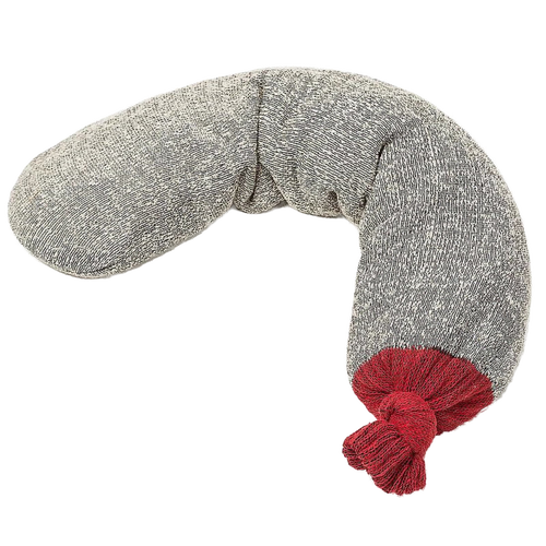 Soft grey fabric hot pack filled with ground black walnut shells, featuring a red knit end, handcrafted in the USA, ideal for natural health remedies and wellness use.