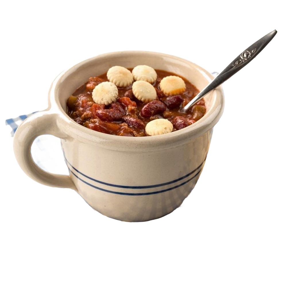 Handcrafted stoneware chili bowl in natural color with double blue stripes and handle, filled with chili topped with oyster crackers, perfect for Kitchen & Food, Dinnerware, USA Made, Best Sellers, and Promo Eligible collections.