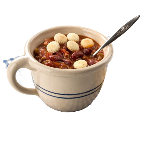 Handcrafted stoneware chili bowl in natural color with double blue stripes and handle, filled with chili topped with oyster crackers, perfect for Kitchen & Food, Dinnerware, USA Made, Best Sellers, and Promo Eligible collections.