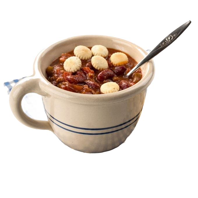 Handcrafted stoneware chili bowl in natural color with double blue stripes and handle, filled with chili topped with oyster crackers, perfect for Kitchen & Food, Dinnerware, USA Made, Best Sellers, and Promo Eligible collections.
