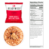 Single serving packet of brown sugar and maple multi-grain cereal from a 7-day emergency food supply, shown with prepared oatmeal bowl topped with brown sugar and full nutrition facts label, USA made, ideal for emergency supplies, pantry, kitchen, and food collections.