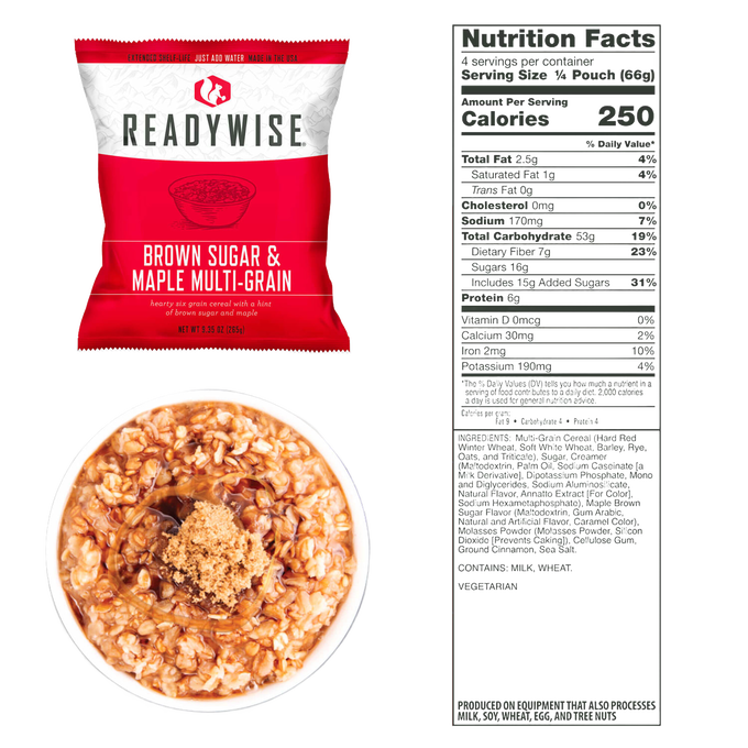 Single serving packet of brown sugar and maple multi-grain cereal from a 7-day emergency food supply, shown with prepared oatmeal bowl topped with brown sugar and full nutrition facts label, USA made, ideal for emergency supplies, pantry, kitchen, and food collections.