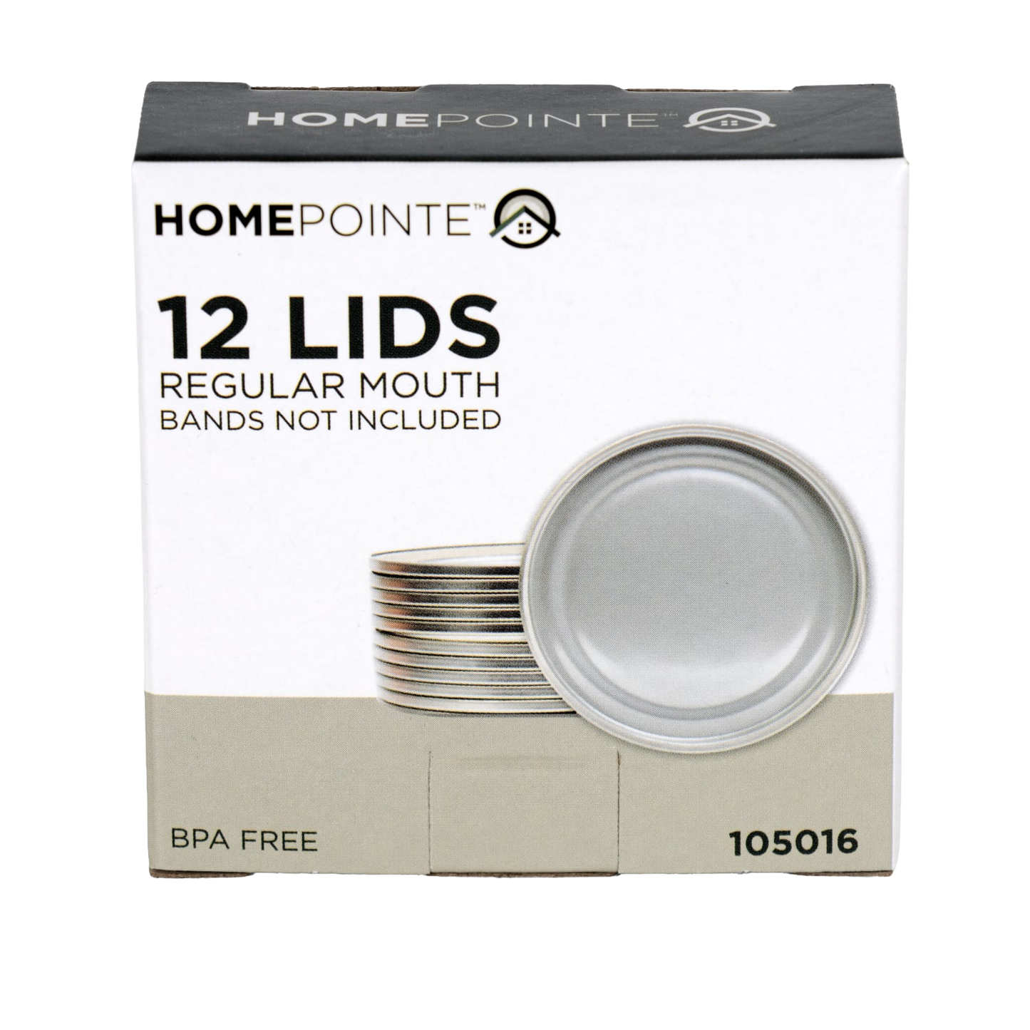 Box of twelve silver-toned regular-mouth jar lids with BPA-free sealing compound, designed for food preservation and featured in Kitchen & Food and Canning collections.
