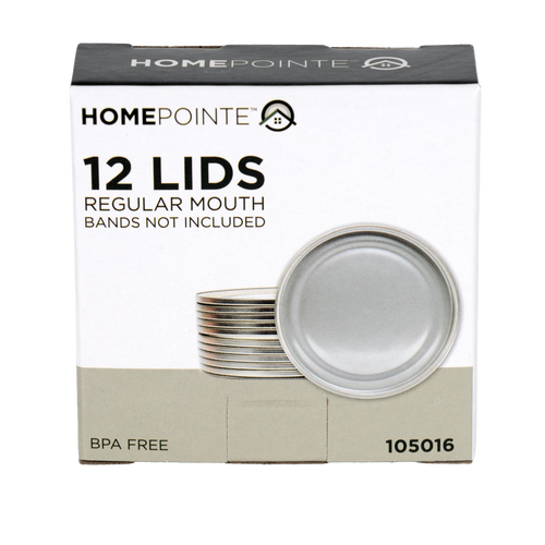 Box of twelve silver-toned regular-mouth jar lids with BPA-free sealing compound, designed for food preservation and featured in Kitchen & Food and Canning collections.