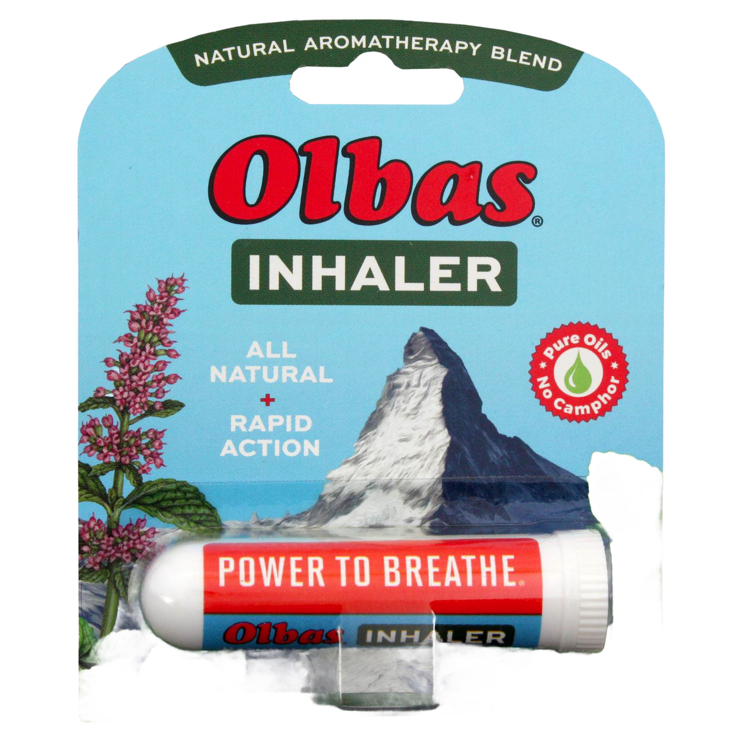 Olbas all-natural inhaler in white and red packaging with mountain graphic, promoting rapid action aromatherapy for seasonal relief in Health & Wellness and Health Remedies collections.