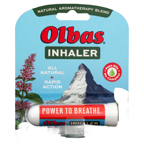 Olbas all-natural inhaler in white and red packaging with mountain graphic, promoting rapid action aromatherapy for seasonal relief in Health & Wellness and Health Remedies collections.
