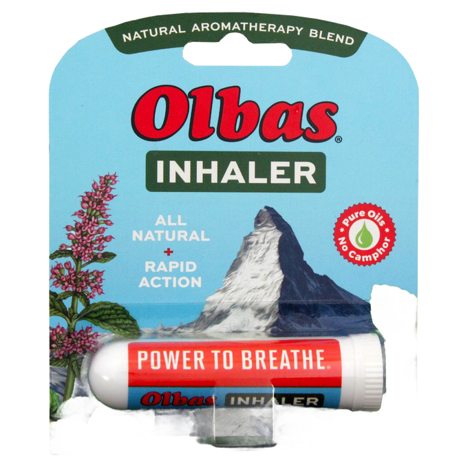 Olbas all-natural inhaler in white and red packaging with mountain graphic, promoting rapid action aromatherapy for seasonal relief in Health & Wellness and Health Remedies collections.