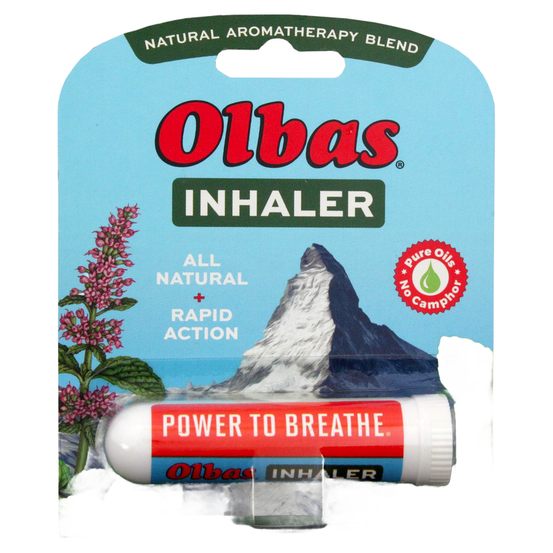 Olbas all-natural inhaler in white and red packaging with mountain graphic, promoting rapid action aromatherapy for seasonal relief in Health & Wellness and Health Remedies collections.