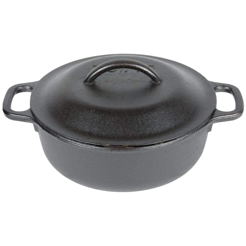 Black cast iron Dutch oven with two side handles and a domed lid, handcrafted for durability and heat retention; ideal for Kitchen & Food, Cookware, Cast Iron, USA Made, Best Sellers, Promo Eligible collections.
