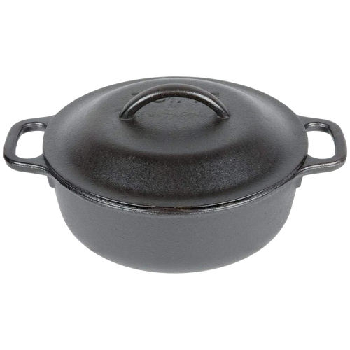 Black cast iron Dutch oven with two side handles and a domed lid, handcrafted for durability and heat retention; ideal for Kitchen & Food, Cookware, Cast Iron, USA Made, Best Sellers, Promo Eligible collections.