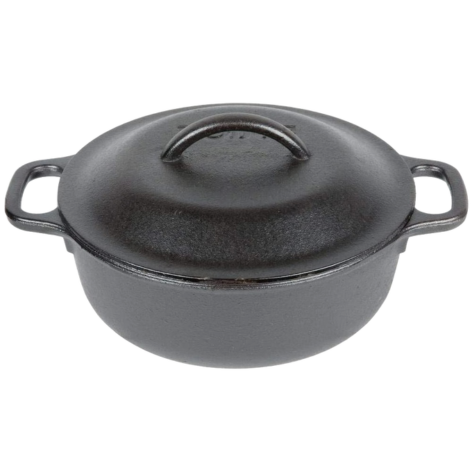 Black cast iron Dutch oven with two side handles and a domed lid, handcrafted for durability and heat retention; ideal for Kitchen & Food, Cookware, Cast Iron, USA Made, Best Sellers, Promo Eligible collections.