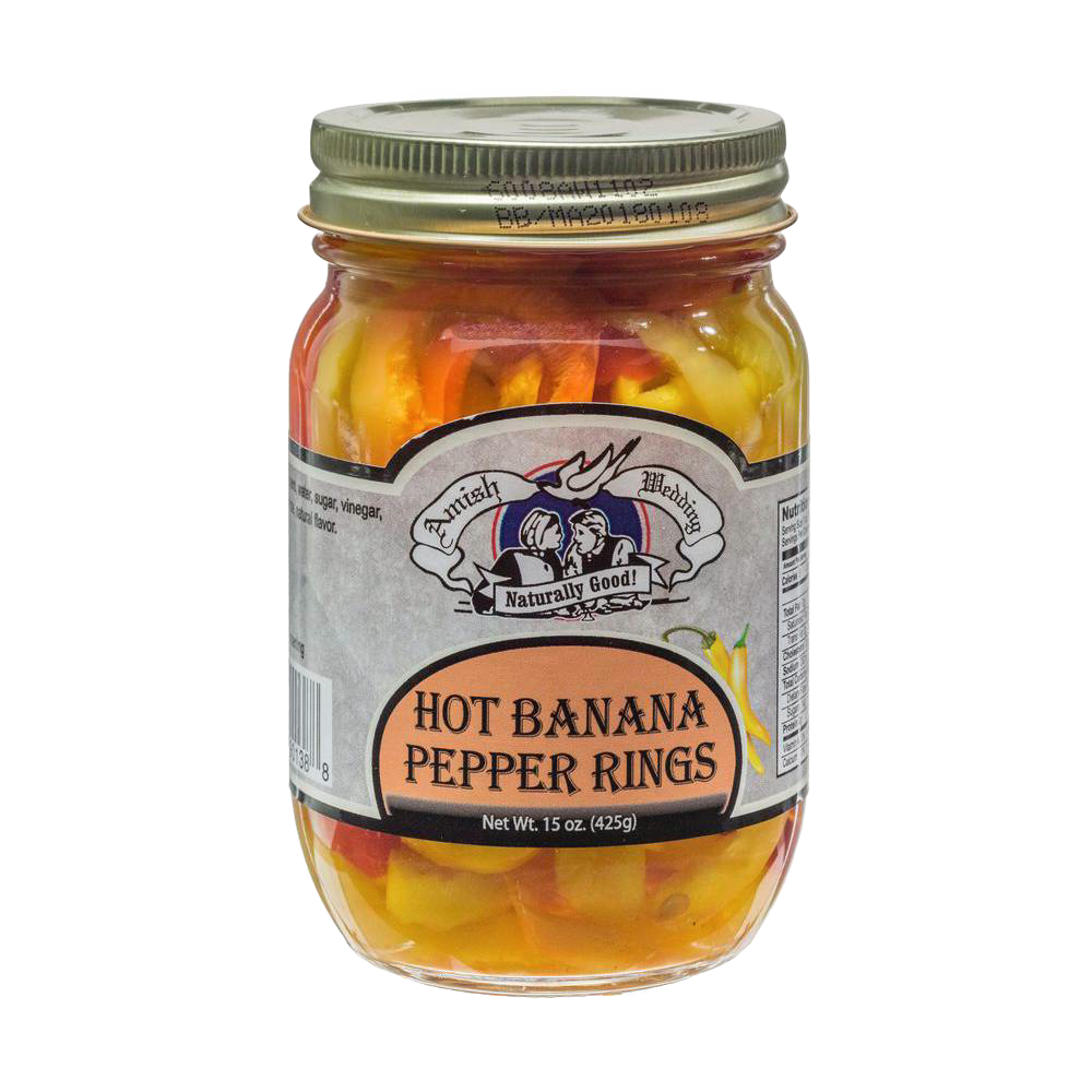 Glass jar of handcrafted hot banana pepper rings, made in USA, ideal for Kitchen & Food, Pantry, Best Sellers, and Promo Eligible collections.